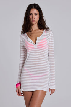 Sheer Henley Stripe Mini Dress - UK 6 / White