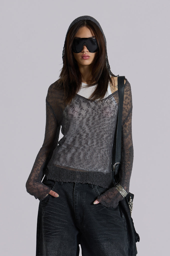 Naia Loose Knit Hooded Top in Charcoal