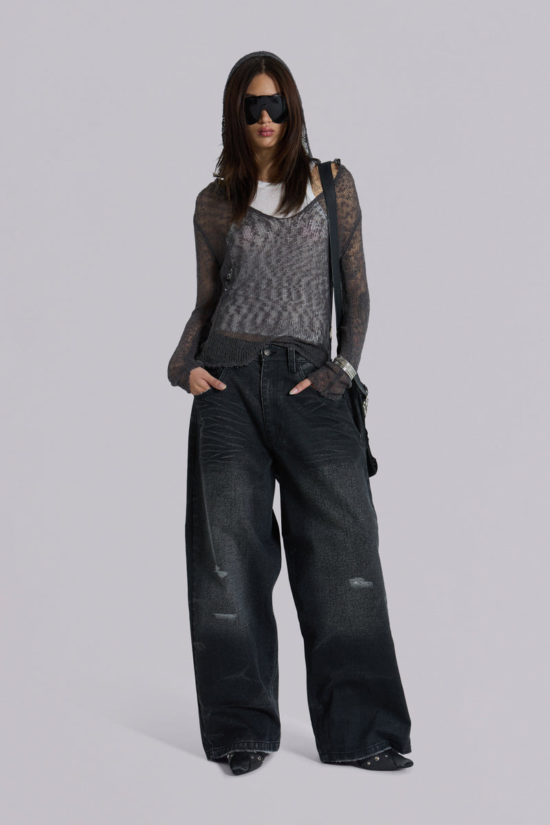 Naia Loose Knit Hooded Top in Charcoal