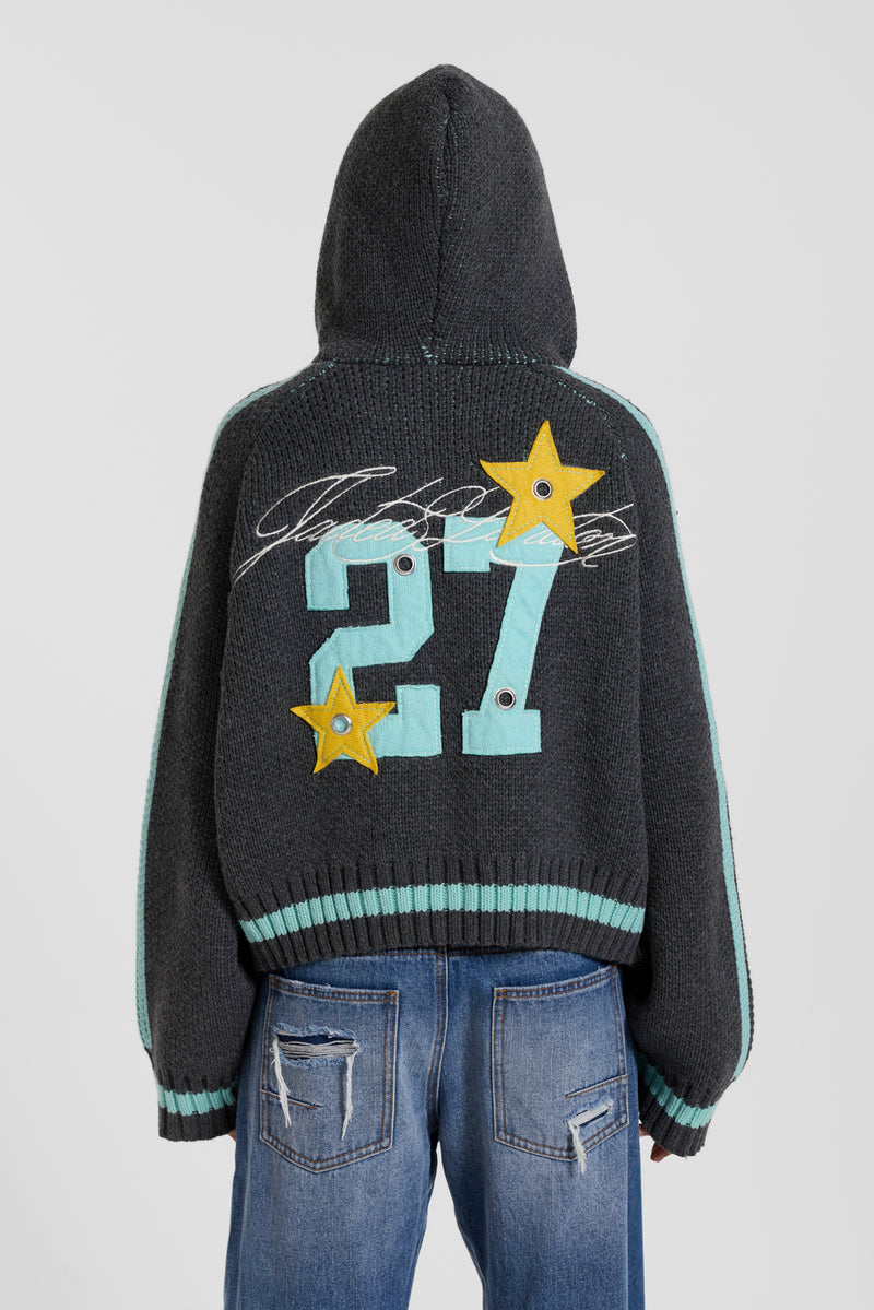 Grey Blue Hooded Knit Cardigan
