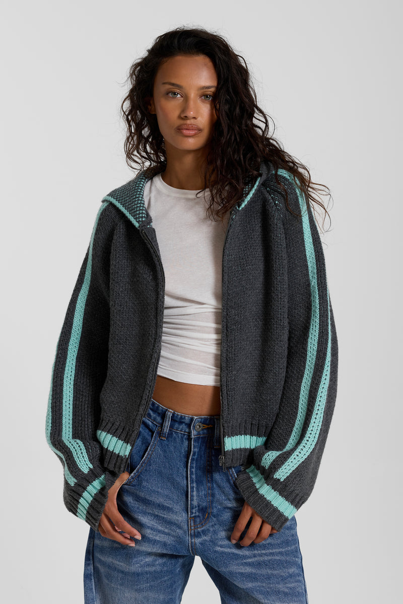 Grey Blue Hooded Knit Cardigan