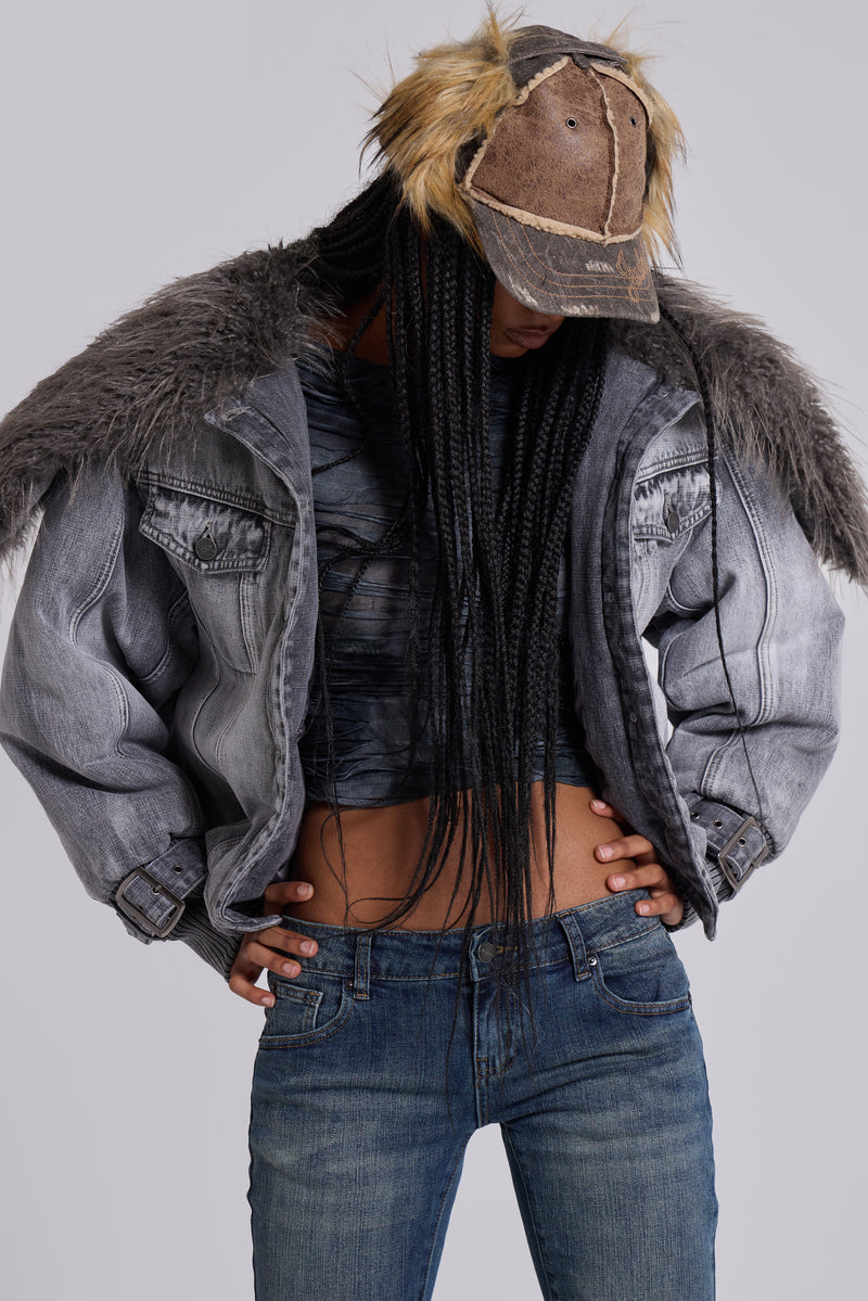 Alloy Denim Bomber Jacket in Grey