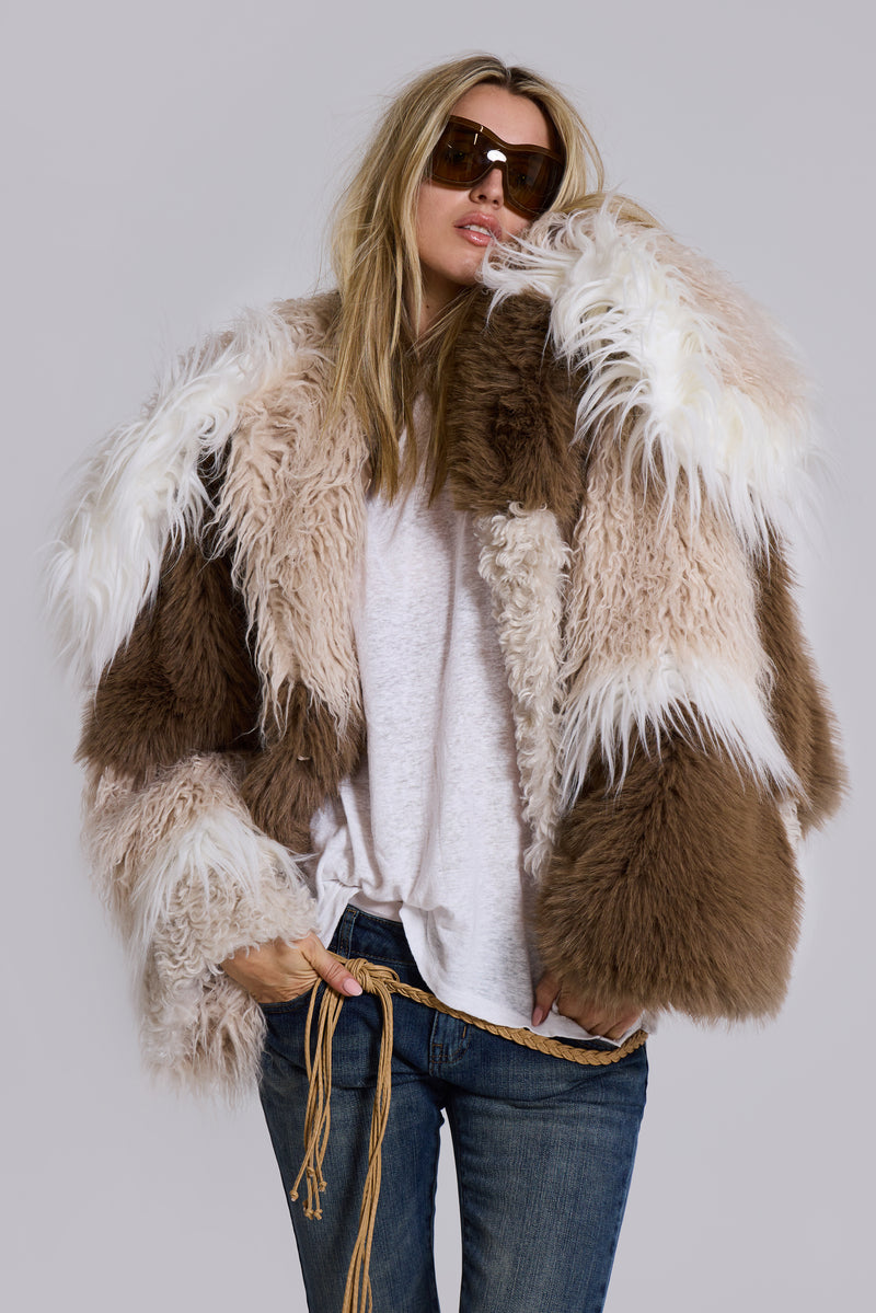 Oksana Patchwork Faux Fur Coat in Beige