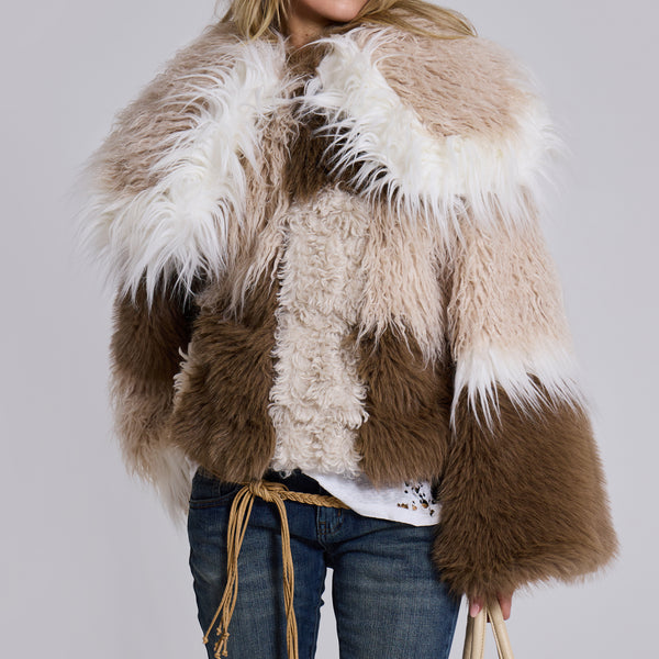 Oksana Patchwork Faux Fur Coat in Beige | Jaded London | Clothing