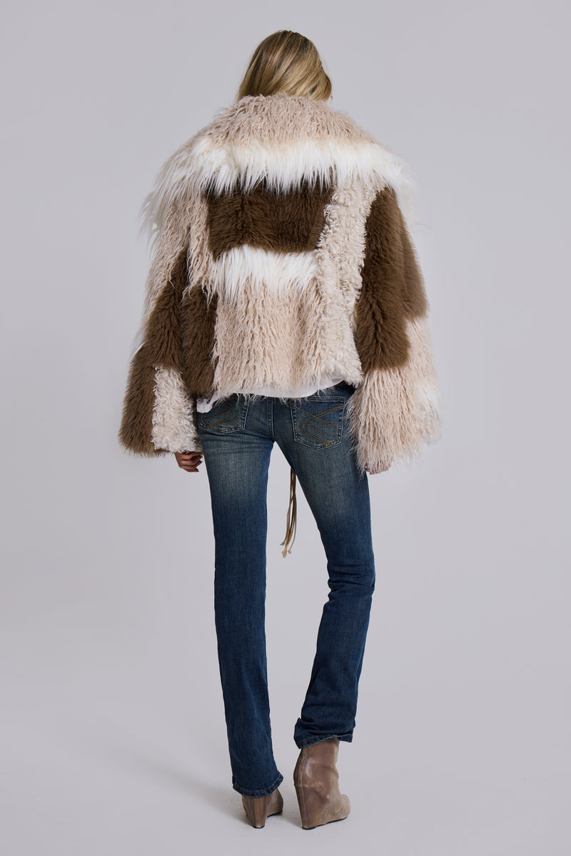 Oksana Patchwork Faux Fur Coat in Beige