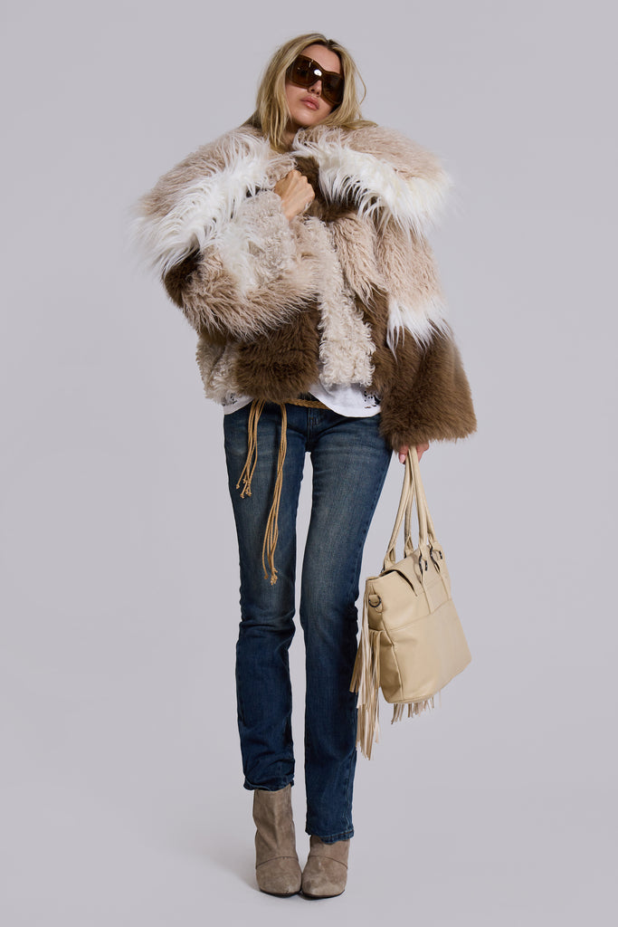 Oksana Patchwork Faux Fur Coat in Beige