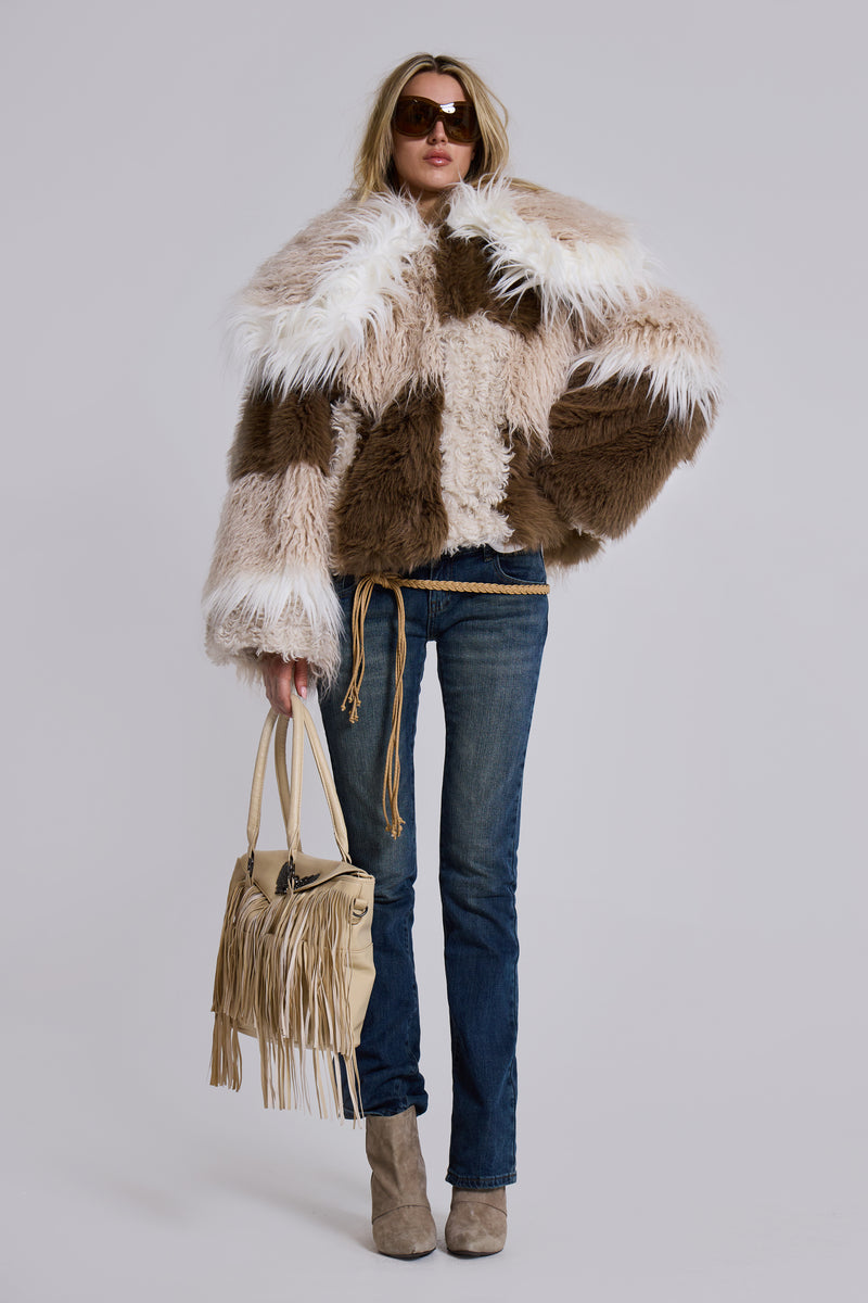 Oksana Patchwork Faux Fur Coat in Beige