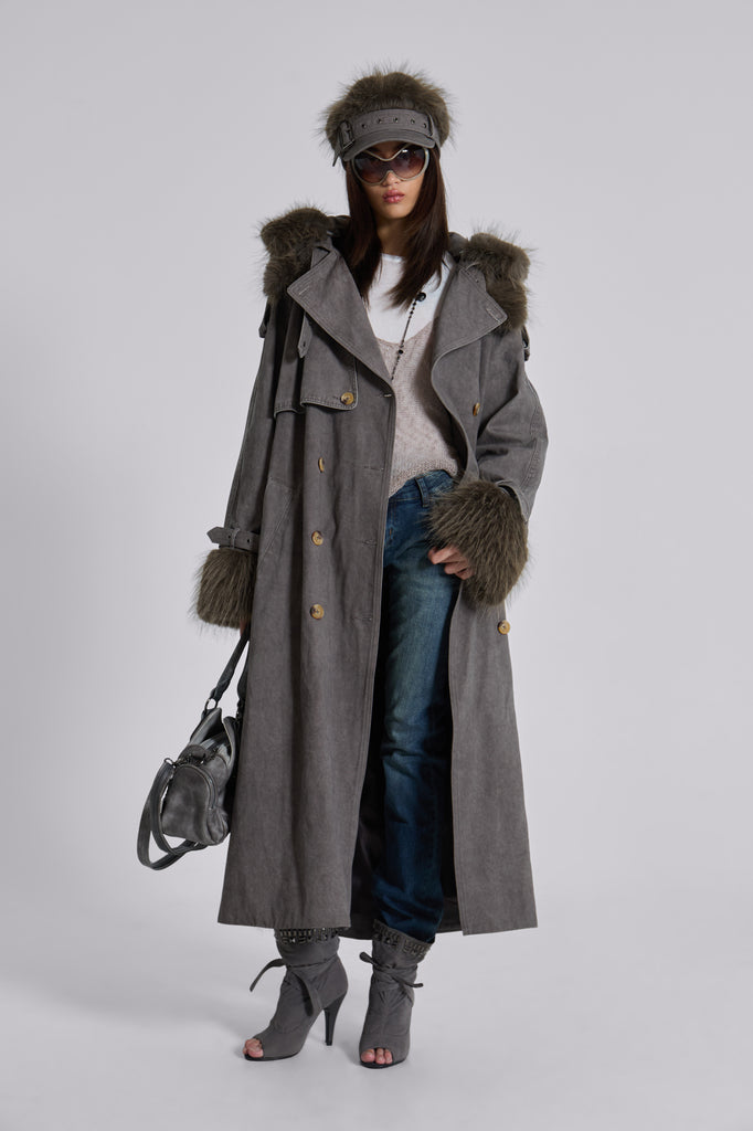Vania Oversized Faux Fur Hooded Trench Coat