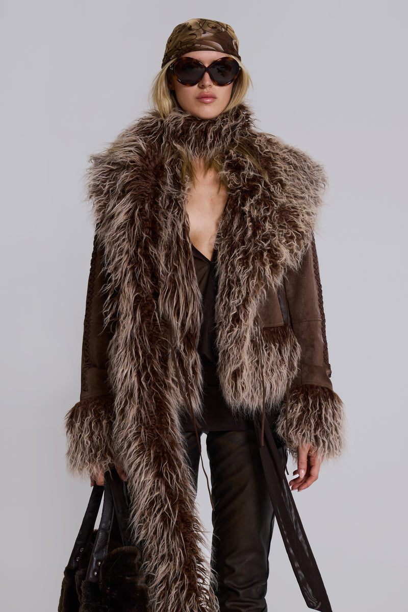 Leonie Faux Mongolian Fur Trim Coat in Brown