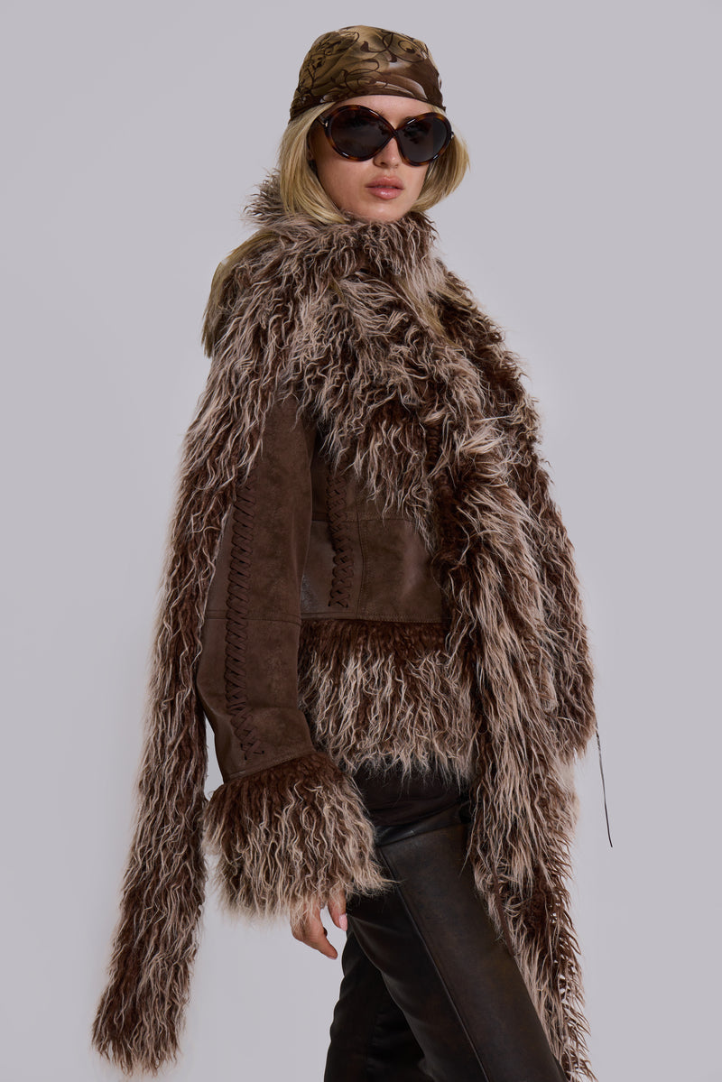 Leonie Faux Mongolian Fur Scarf in Brown