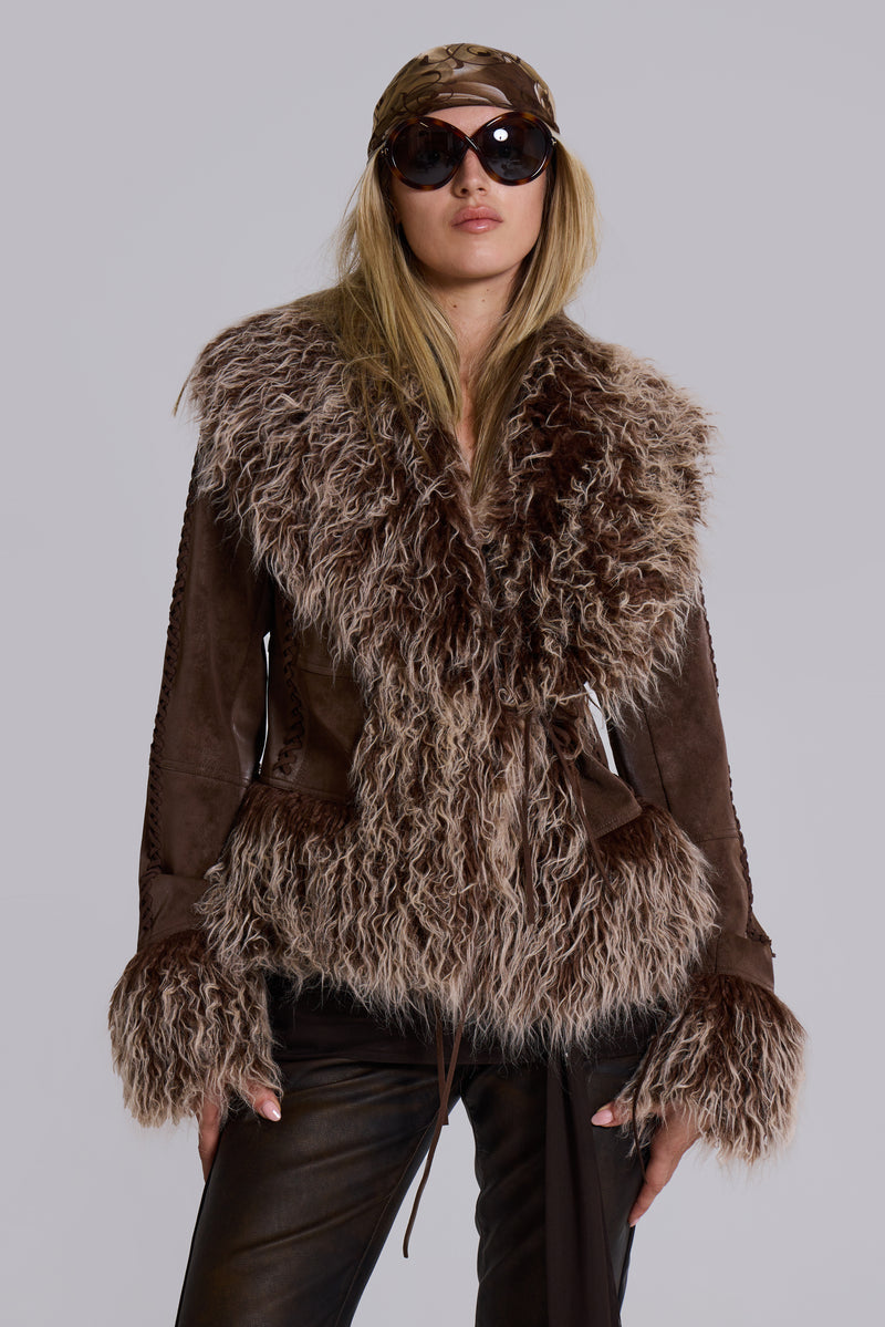 Leonie Faux Mongolian Fur Trim Coat in Brown
