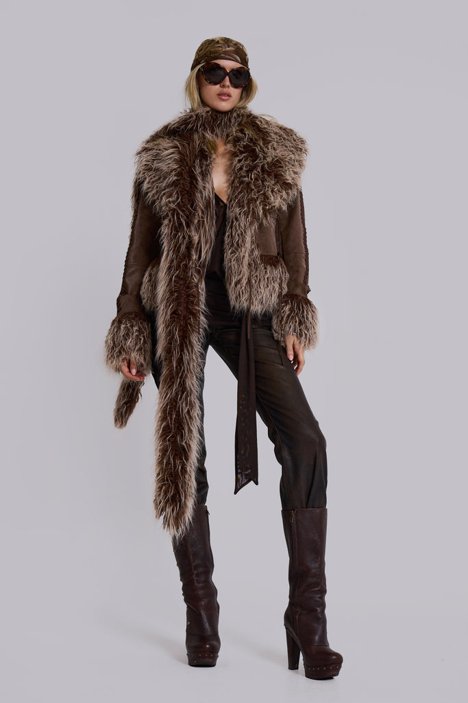 Leonie Faux Mongolian Fur Trim Coat in Brown