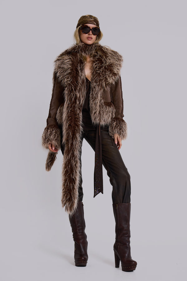 Leonie Faux Mongolian Fur Scarf in Brown