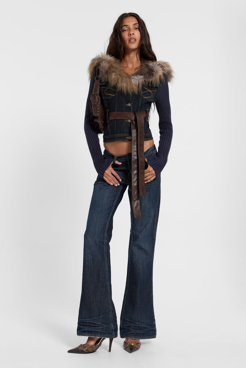 Denim Knit Faux Fur Mix Jacket