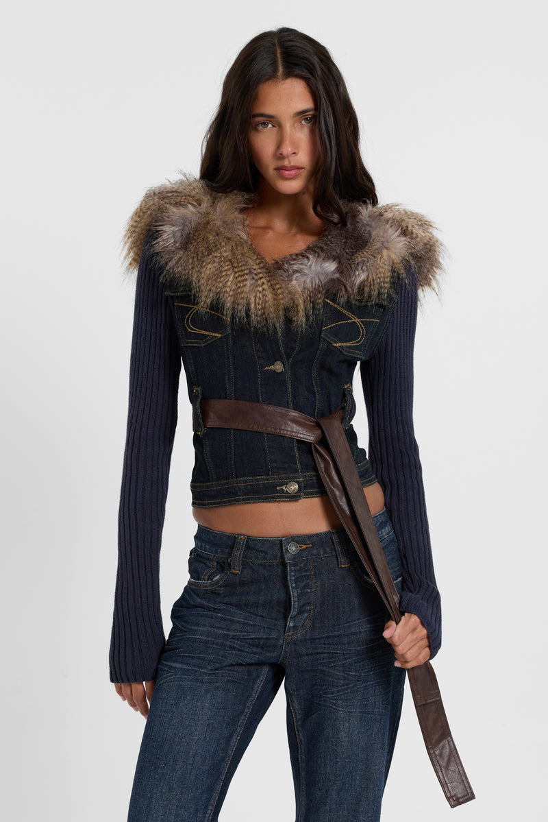 Denim Knit Faux Fur Mix Jacket
