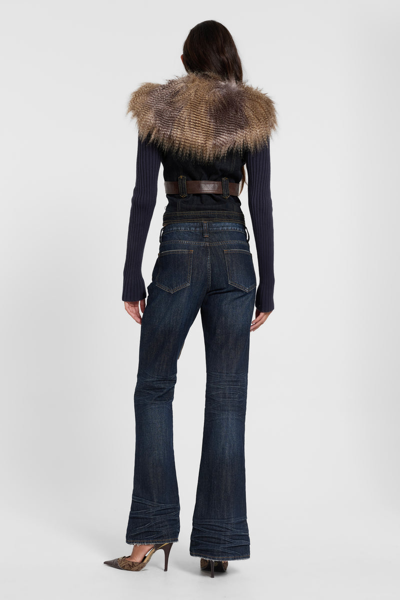 Denim Knit Faux Fur Mix Jacket