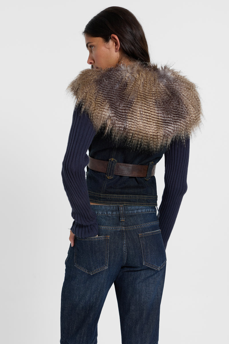 Denim Knit Faux Fur Mix Jacket