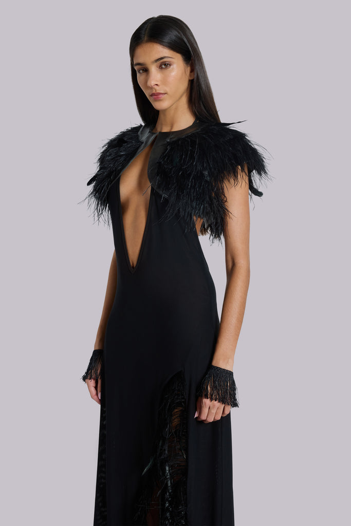 Ravenna Backless Halter Maxi Dress with Feathers