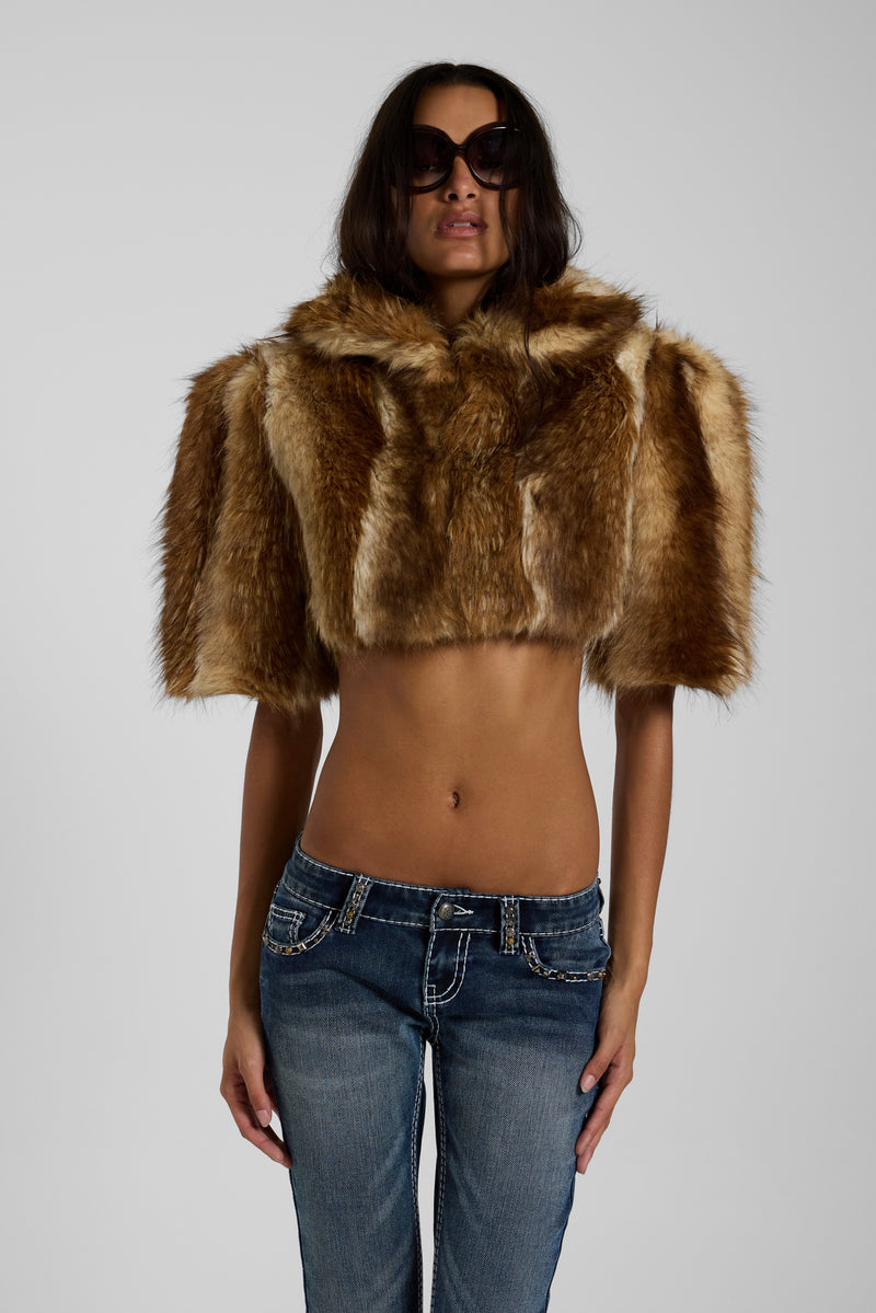 Avlon Faux Fur Crop Jacket in Brown