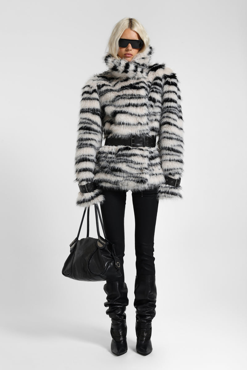 Ruvia Zebra Faux Fur Belted Coat