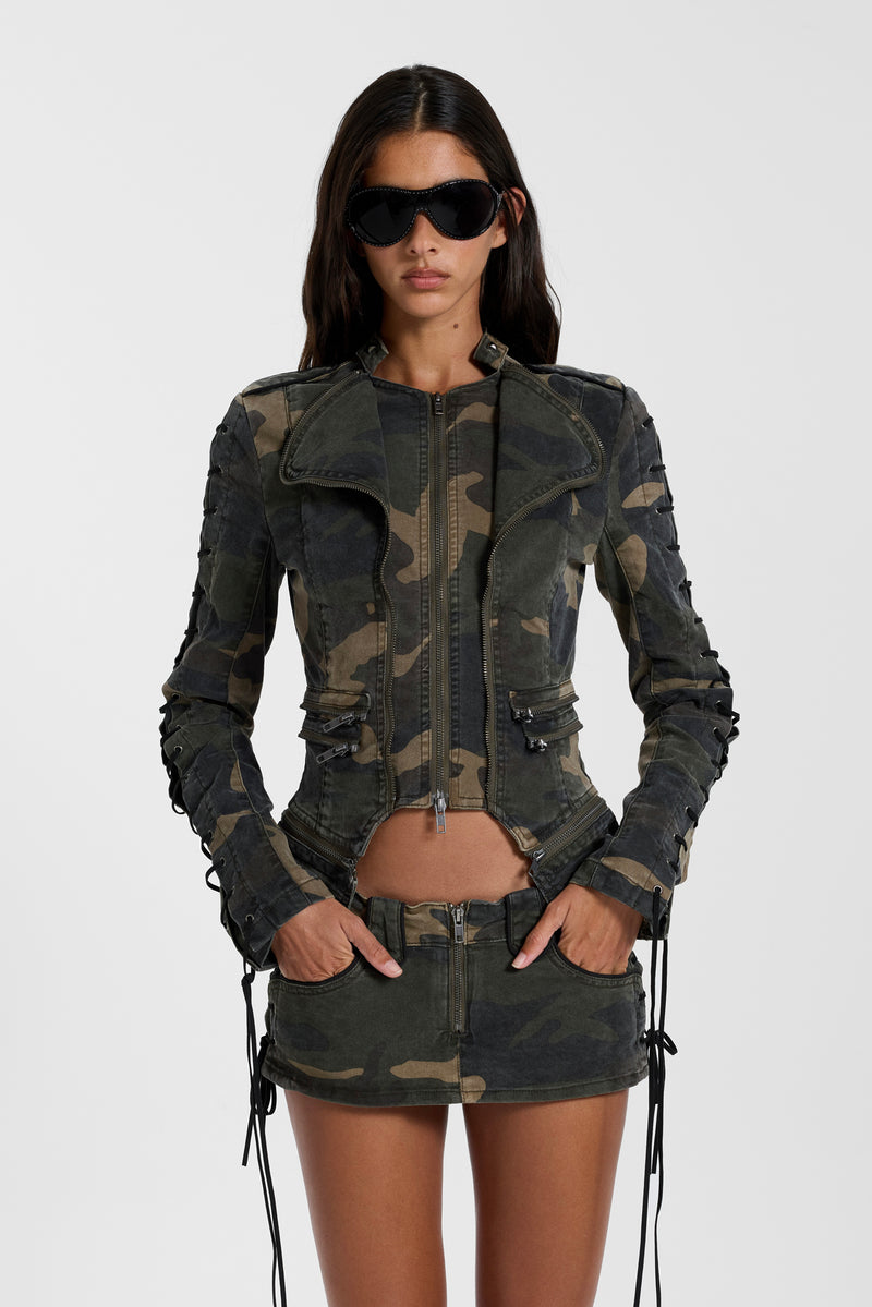 Charis Lace Up Fitted Jacket in Camo