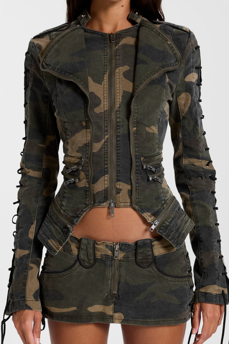 Charis Lace Up Fitted Jacket in Camo