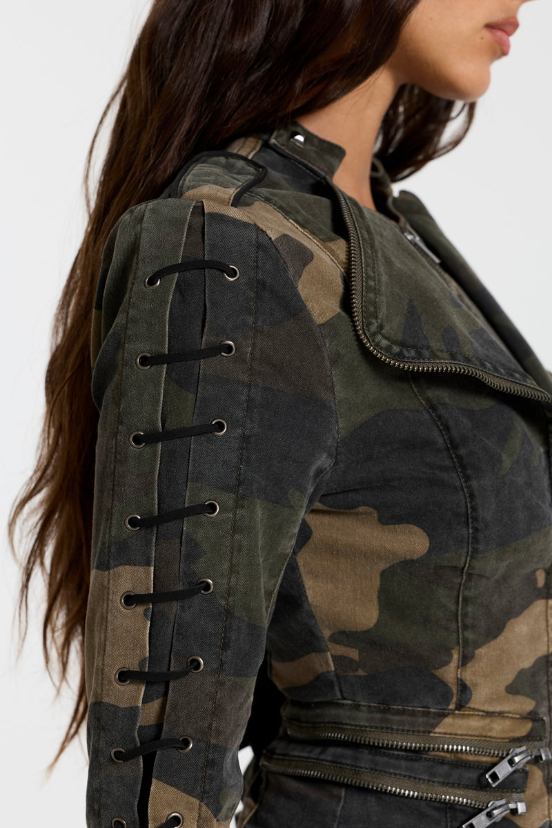 Charis Lace Up Fitted Jacket in Camo
