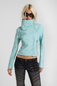 Cera PU Leather Funnel Jacket in Turquoise - XS / Turquoise