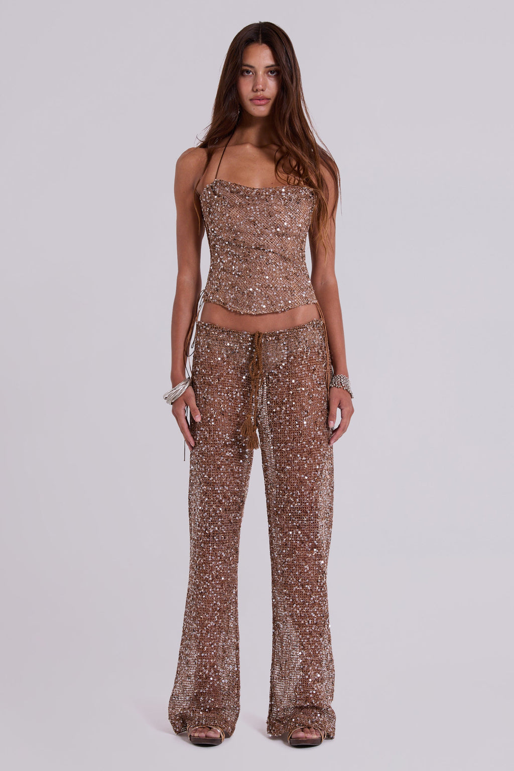 Deva Sequin Knit Trousers in Sand