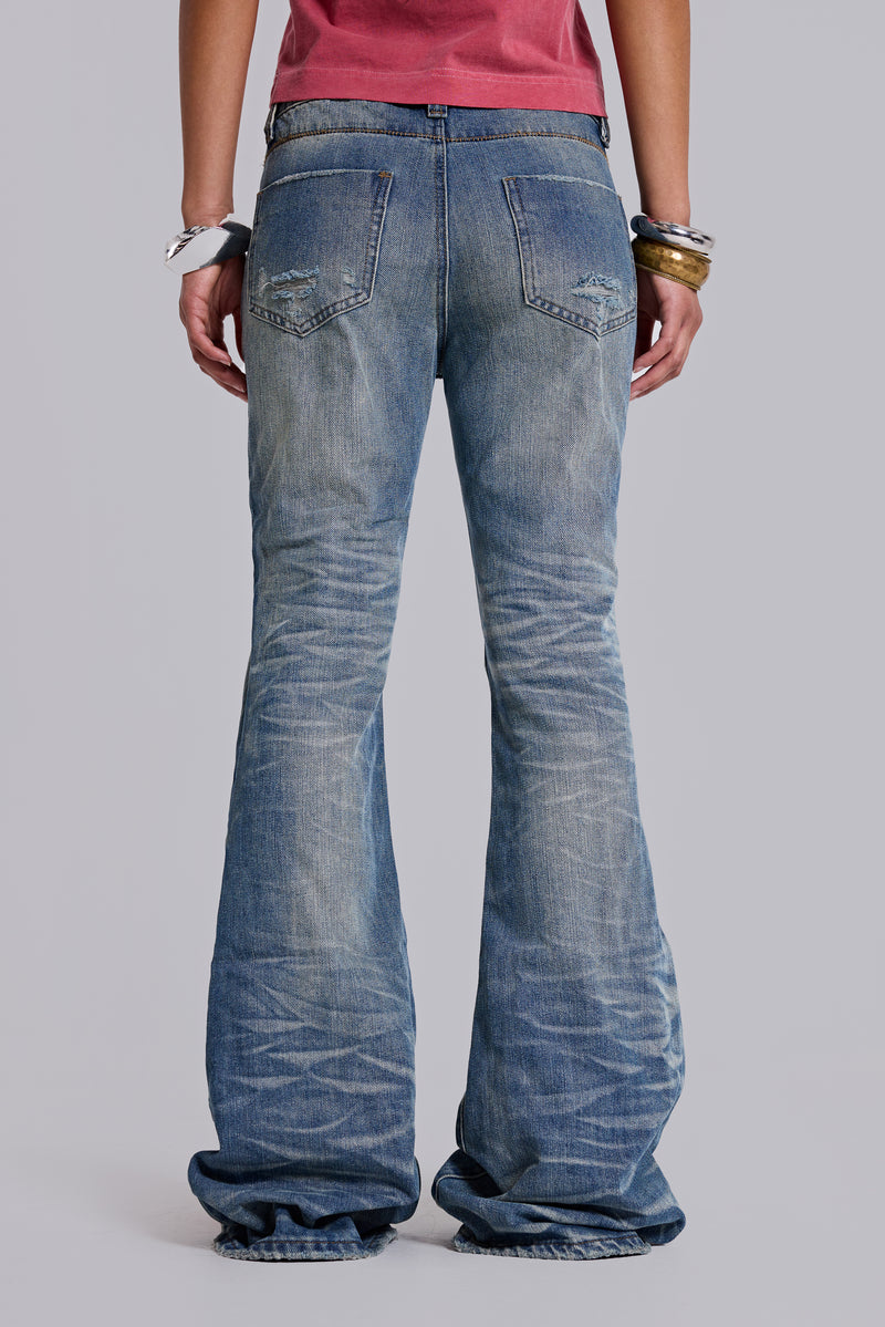 Mid Blue Distressed Creased Drift Flared Jeans | Jaded London