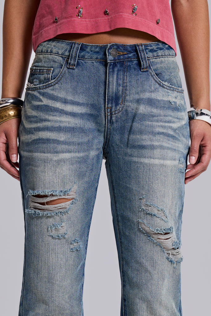 Mid Blue Distressed Creased Drift Flared Jeans | Jaded London