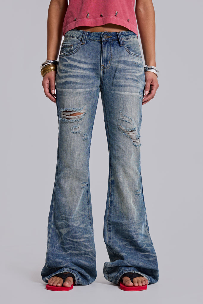 Mid Blue Distressed Creased Drift Flared Jeans | Jaded London