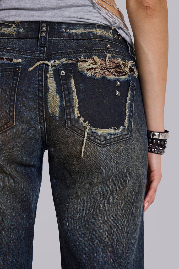 Tori Distressed Lace Low Rise Bootcut Jeans