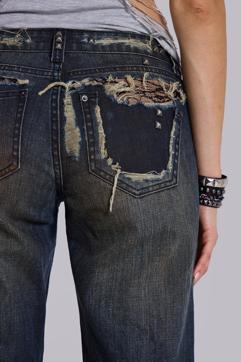 Tori Distressed Lace Low Rise Bootcut Jeans