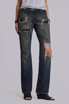 Tori Distressed Lace Low Rise Straight Leg Jeans in Dark Wash – view 6