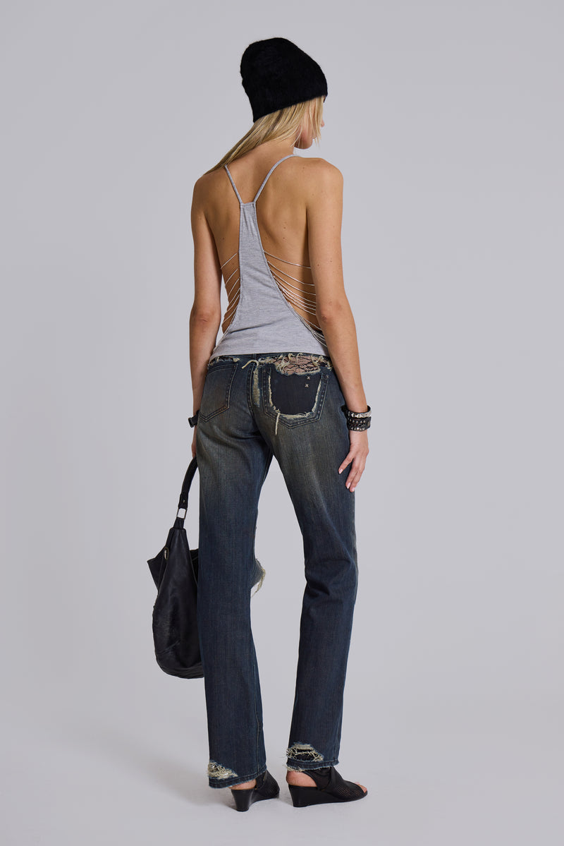 Tori Distressed Lace Low Rise Bootcut Jeans