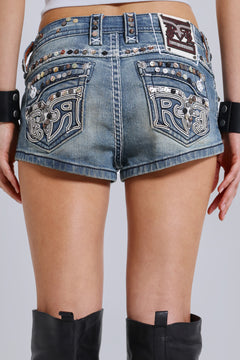 Rock Revival Embellished Denim Mini Shorts - W24 / Blue