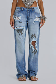 Tori Distressed Lace Low Rise Straight Leg Jeans in Light Wash – view 3