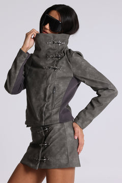 Cera Clasp PU Leather Funnel Jacket in Grey - XS / Grey