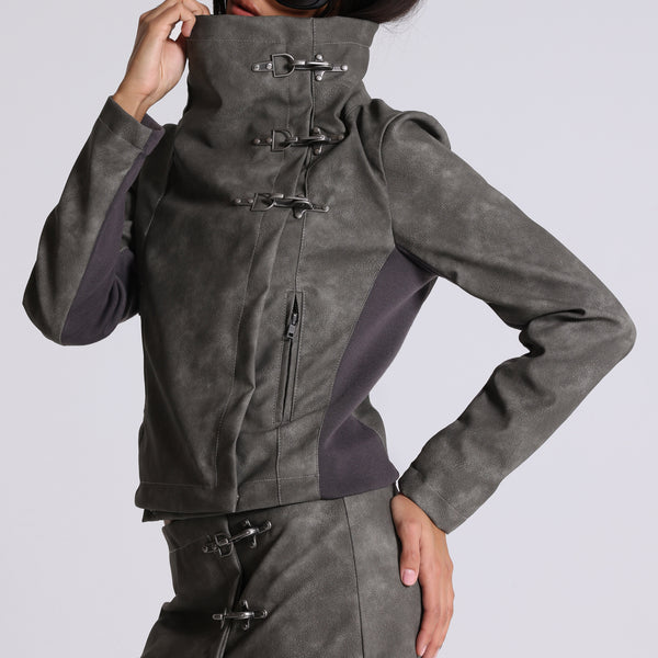 Cera Clasp PU Leather Funnel Jacket | Jaded London