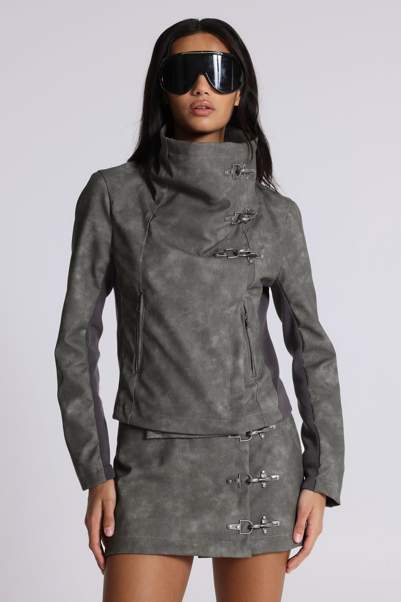 Cera Clasp PU Leather Funnel Jacket