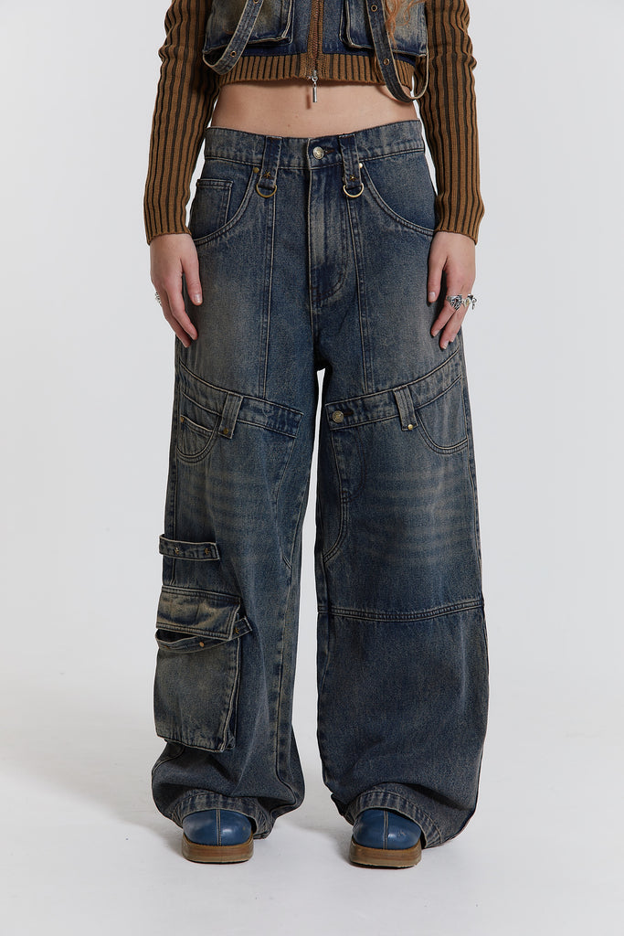 Indigo Sand Wash Colossus Fit Jeans with Double Layer & Hardware 