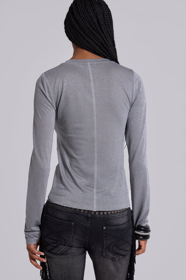Xeni Glitter Long Sleeve Top in Silver