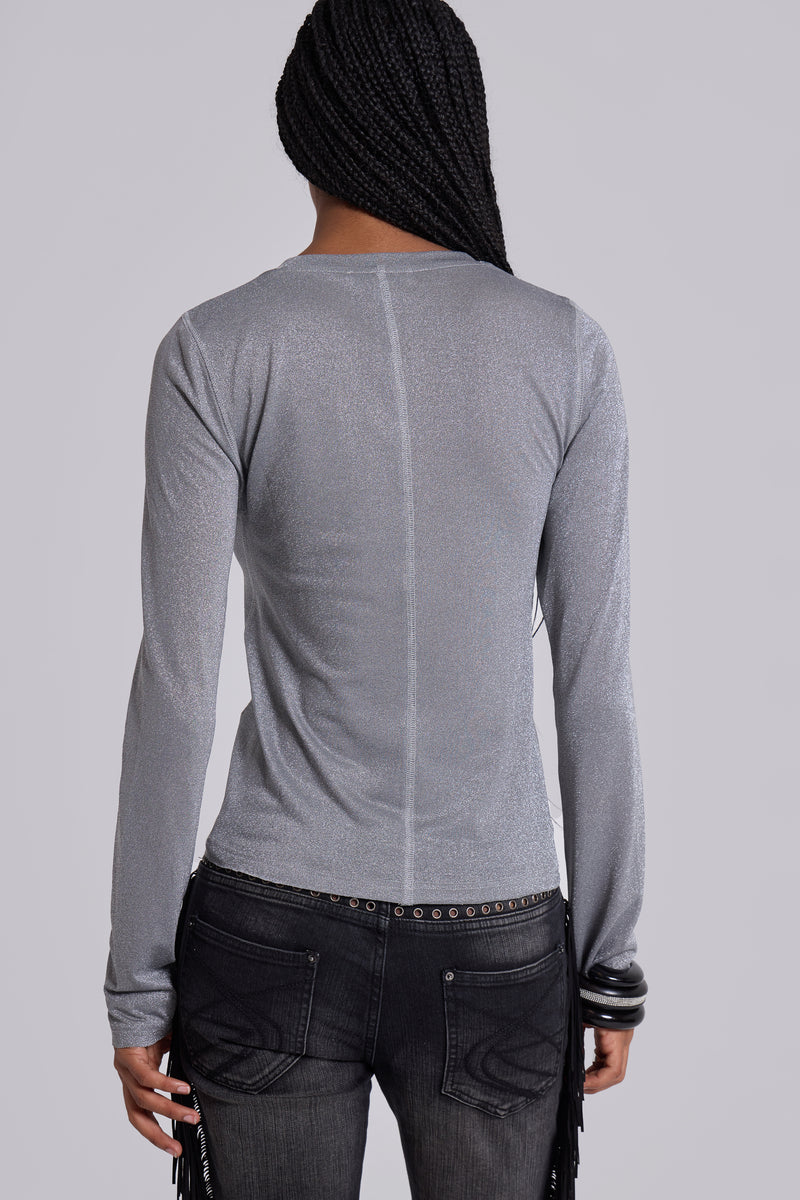 Xeni Glitter Long Sleeve Top in Silver