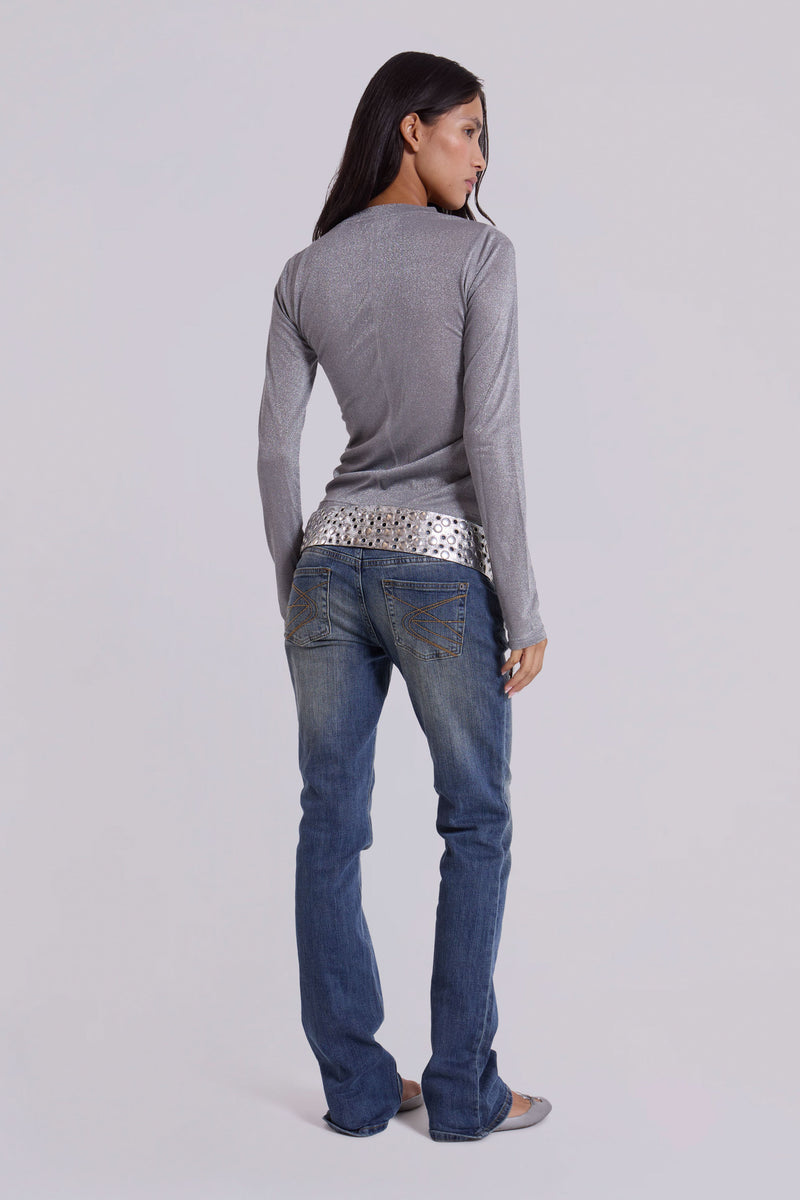 Xeni Glitter Long Sleeve Top in Silver