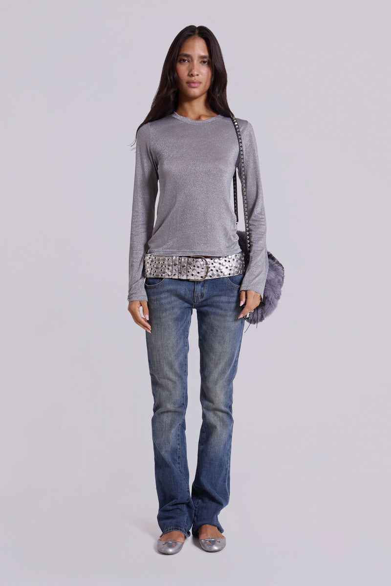 Xeni Glitter Long Sleeve Top in Silver