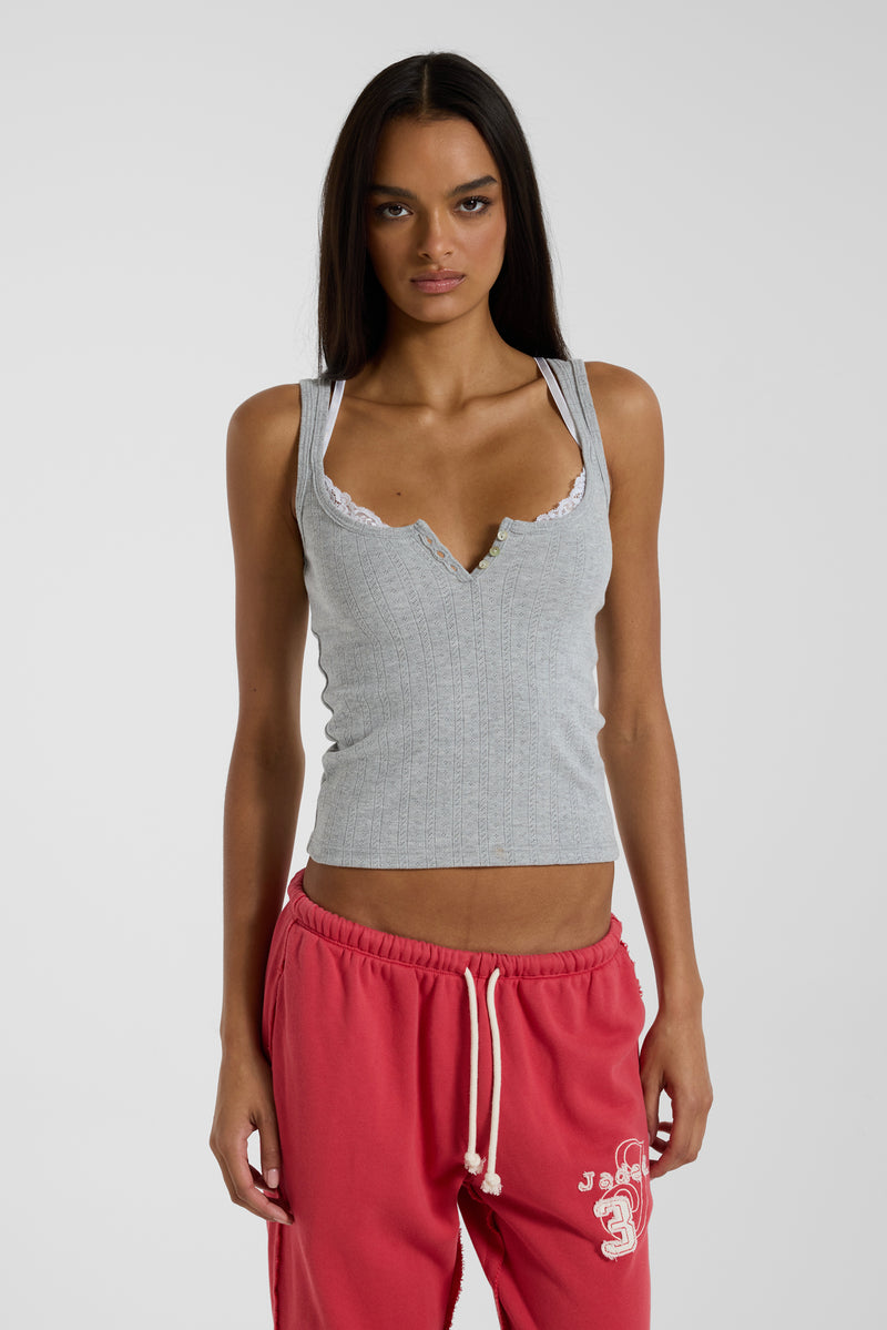 Grey Henley Vest With Lace Trim