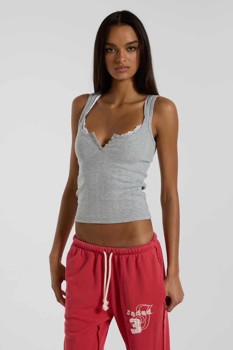 Grey Henley Vest With Lace Trim