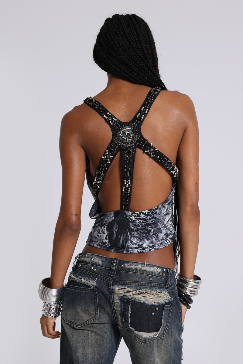 Lythra Hand-Beaded Cowl Top