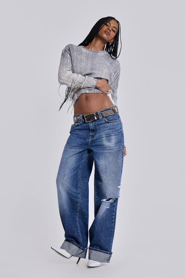 Jiabing Baggy Jeans for Women Ladies Vintage Faded Distressed